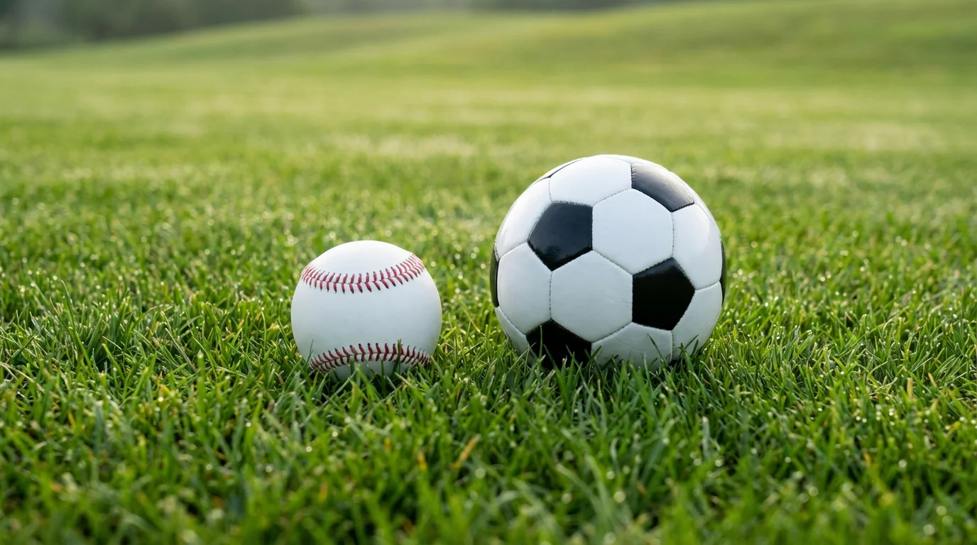 Pelota de béisbol y balón de fútbol juntos sobre una superficie de césped