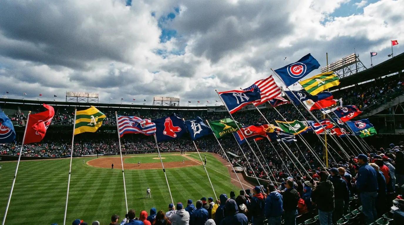 Estadio de béisbol al aire libre con banderas ondeando por el viento