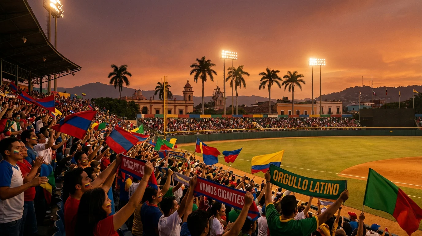 Estadio de béisbol en una ciudad latinoamericana con público en las gradas