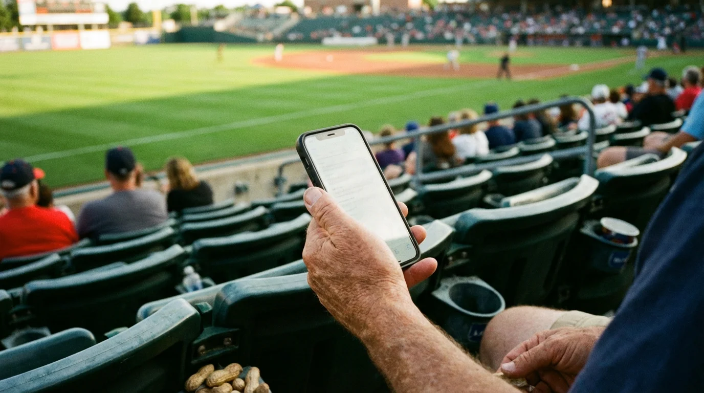 Persona sosteniendo un teléfono móvil en las gradas de un estadio de béisbol