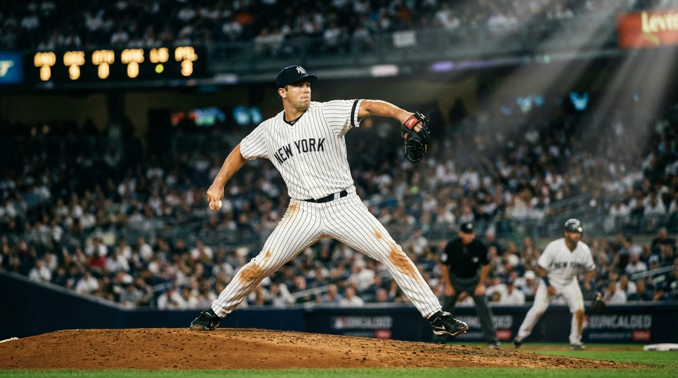 Pitcher de béisbol lanzando la pelota desde el montículo en un estadio de MLB
