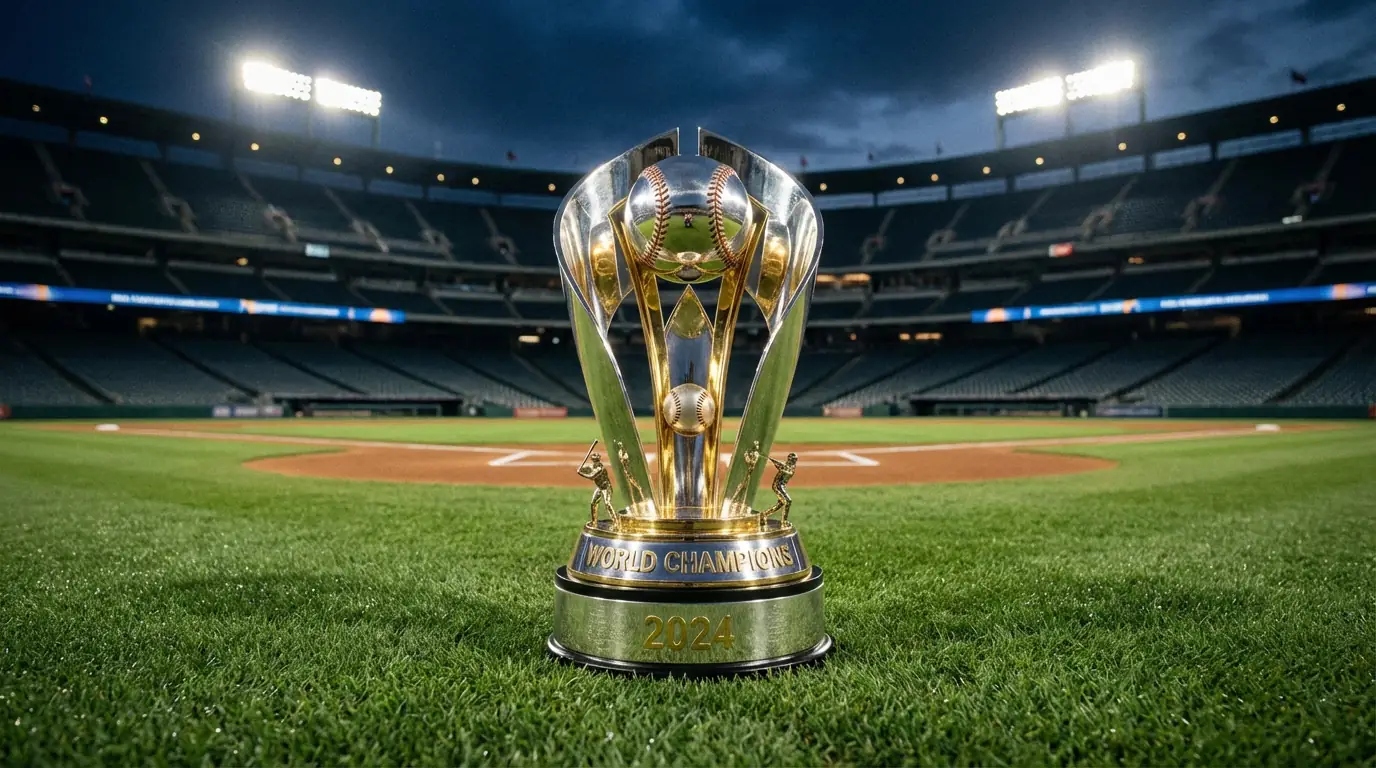 Trofeo de campeonato de béisbol sobre el césped de un estadio