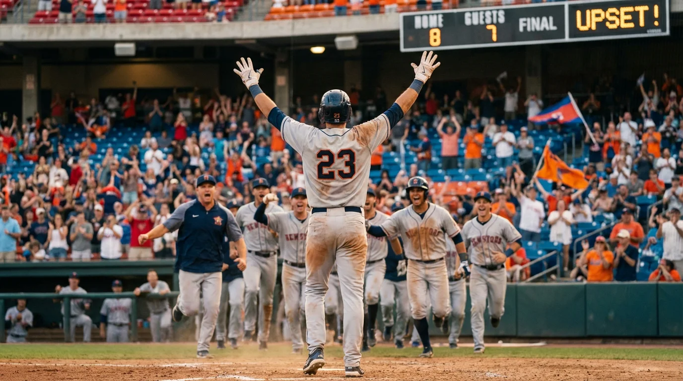 Jugador de béisbol celebrando una victoria sorpresa en el campo de juego