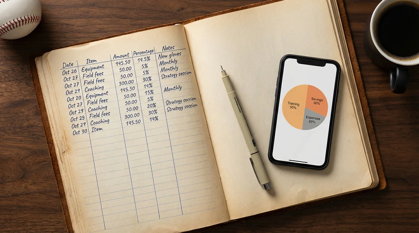Cuaderno de registro de apuestas MLB con anotaciones de bankroll y porcentajes por partido