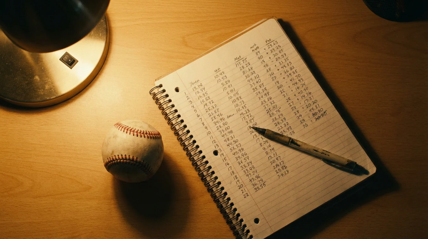 Libreta con anotaciones junto a una pelota de béisbol sobre un escritorio