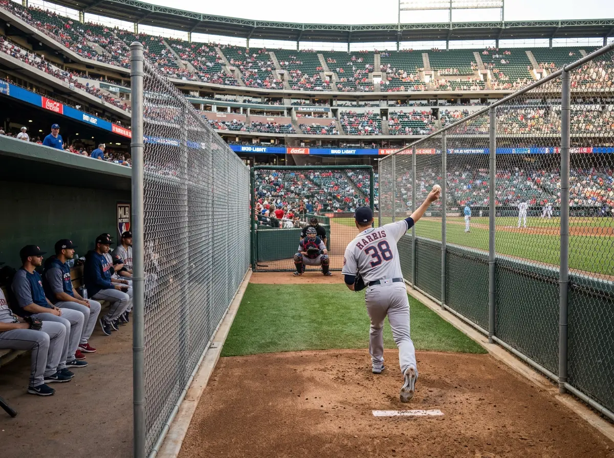 Relevista de béisbol calentando en el bullpen de un estadio de MLB
