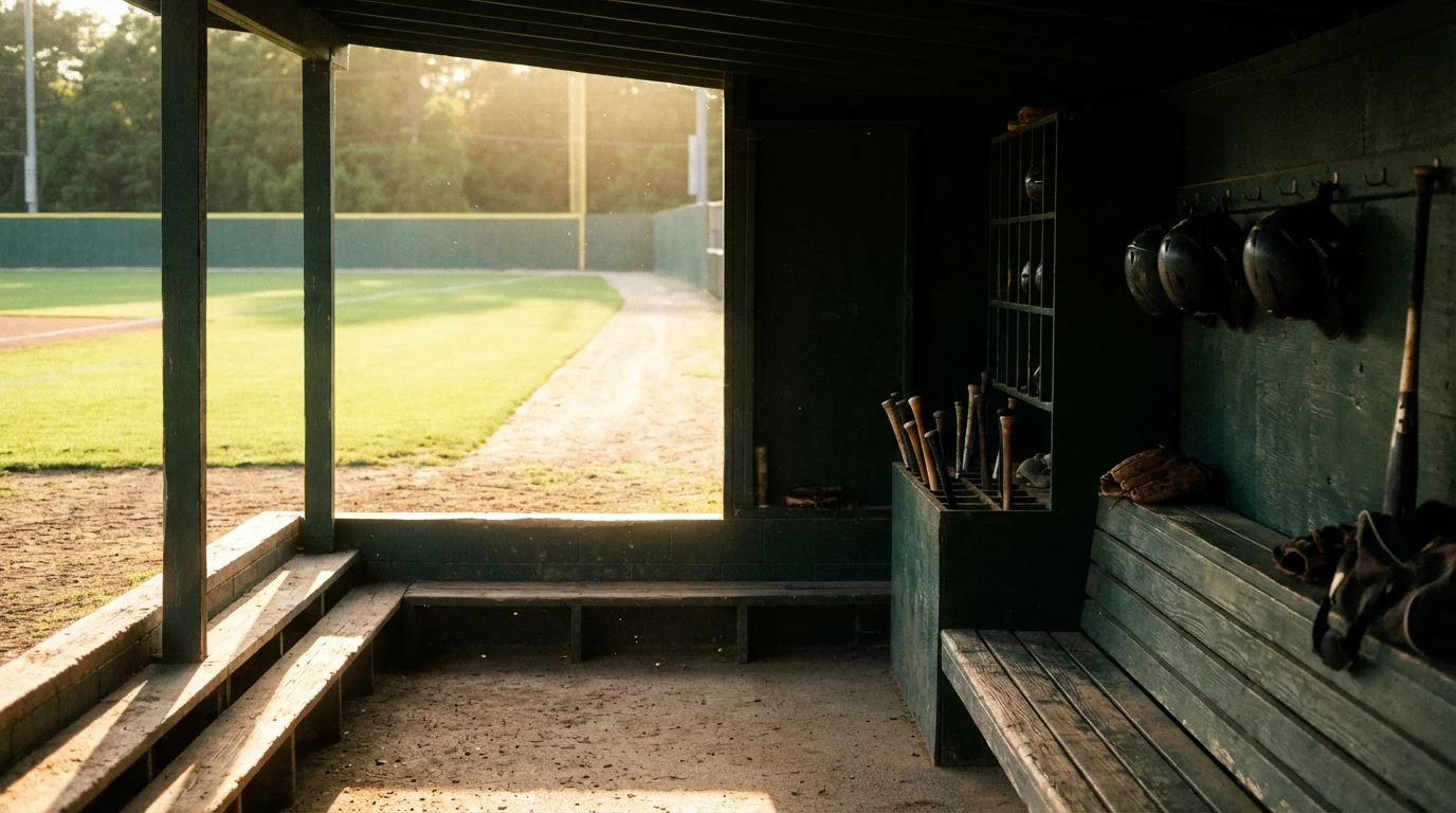 Dugout de béisbol vacío con el campo de juego de fondo