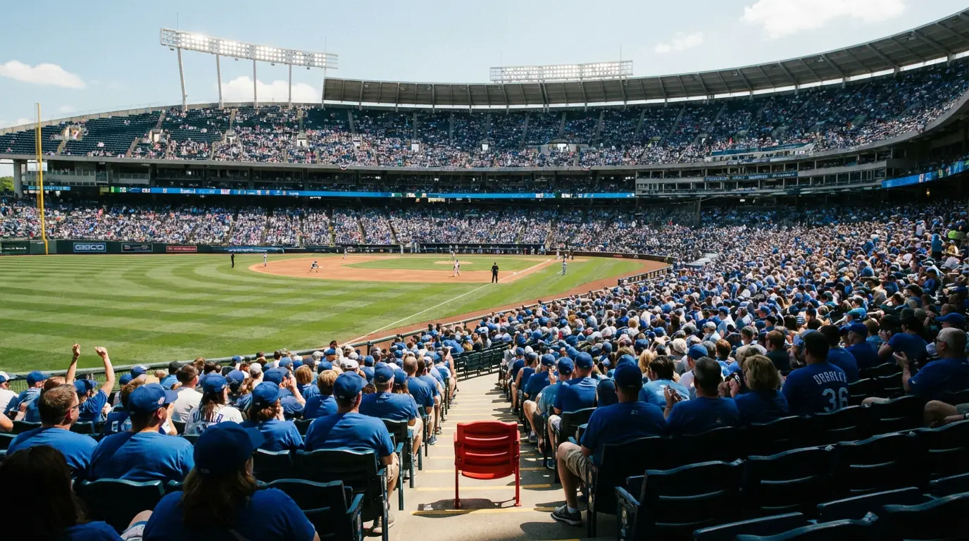 Gradas de un estadio de béisbol con un asiento vacío entre la multitud