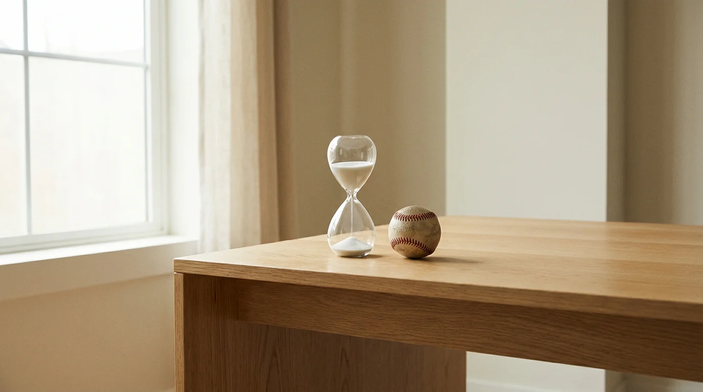 Reloj de arena sobre un escritorio junto a una pelota de béisbol
