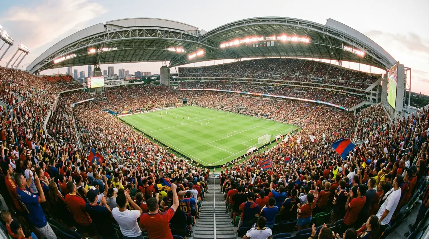 Estadio deportivo moderno lleno de espectadores visto desde las gradas superiores