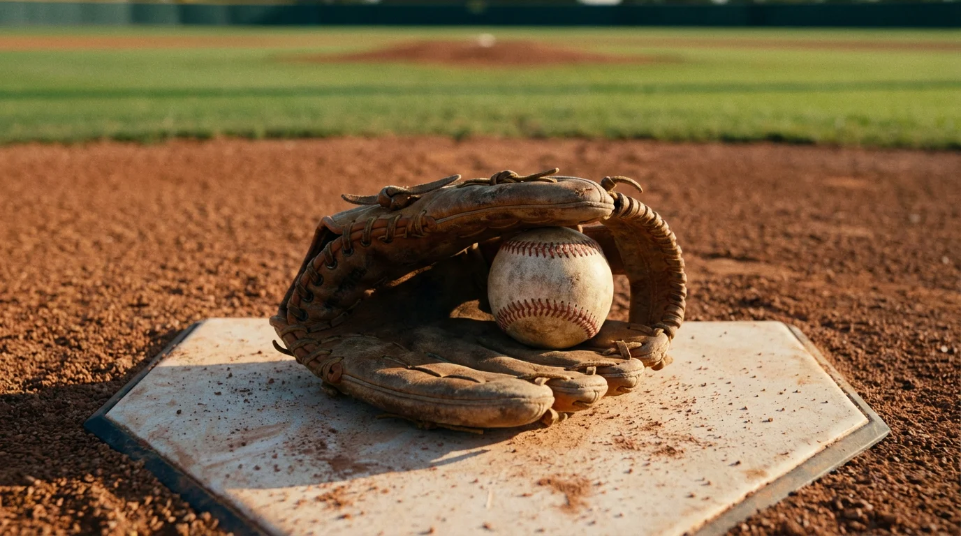 Guante de béisbol y pelota sobre el plato de home en un estadio de MLB