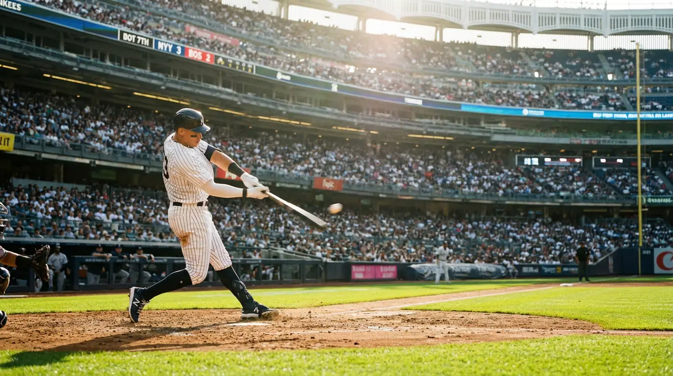 Jugador de béisbol bateando en un estadio al aire libre durante un partido de MLB