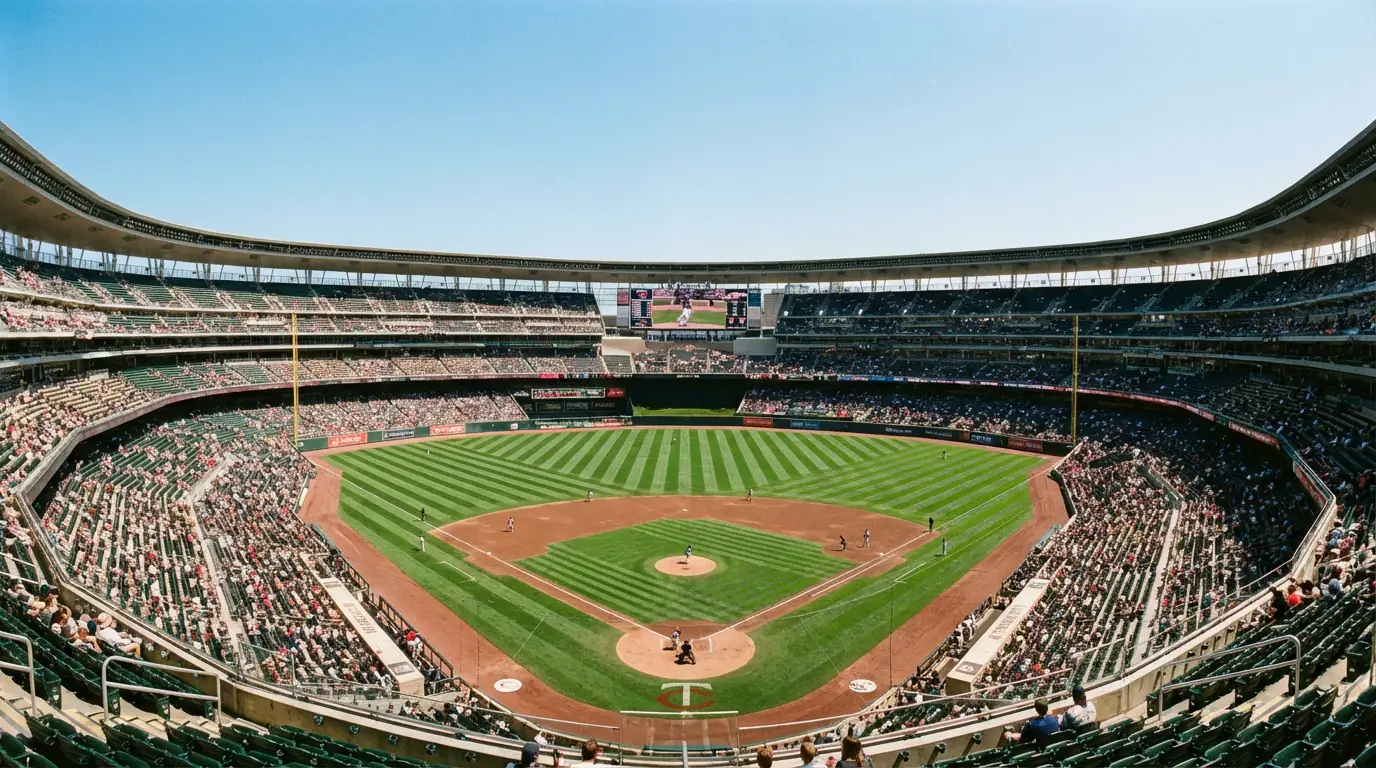 Vista panorámica de un estadio de béisbol con las gradas y el campo de juego