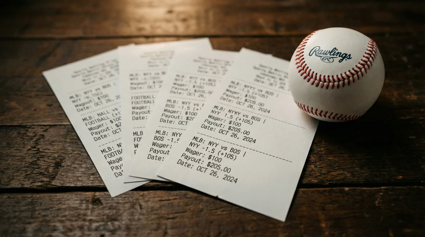 Varios boletos de apuestas deportivas sobre una mesa junto a una pelota de béisbol