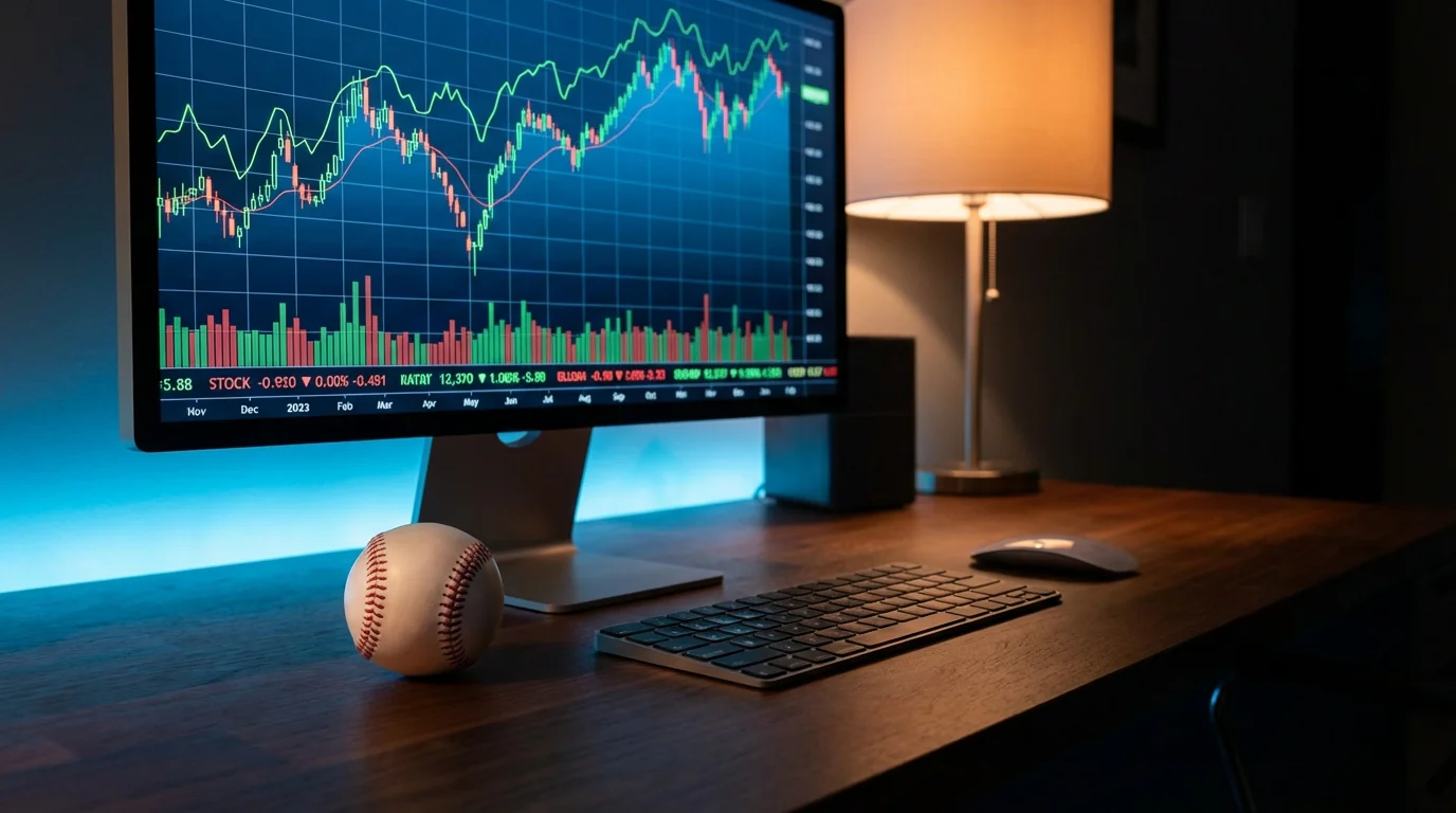Pantalla digital con gráficos de mercado y una pelota de béisbol al lado