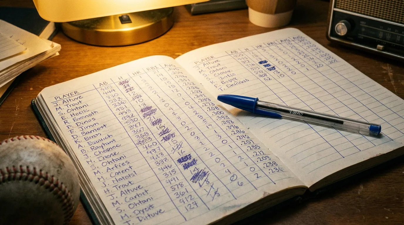 Cuaderno de notas con estadísticas de béisbol junto a un bolígrafo