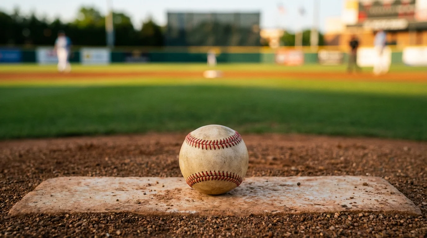 Pelota de béisbol en primer plano con el diamante de juego al fondo