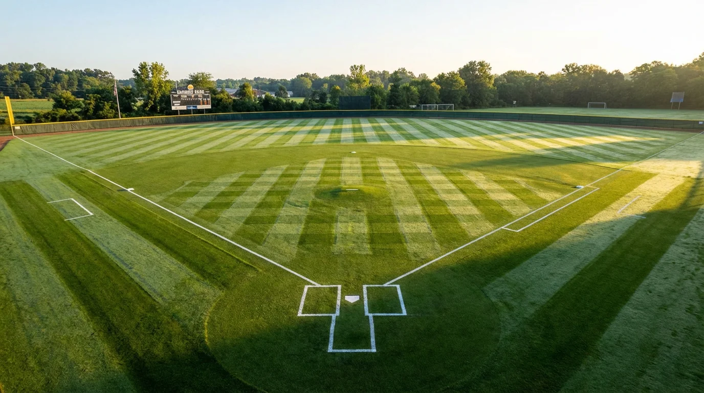 Campo de béisbol preparado para un partido con el césped recién cortado